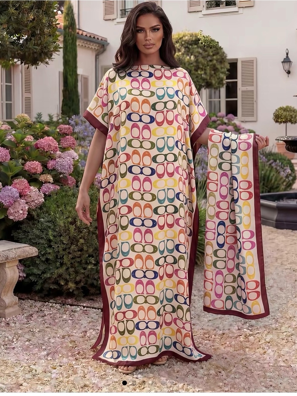 Elegant Multicolor Patterned Maxi Dress with Scarf